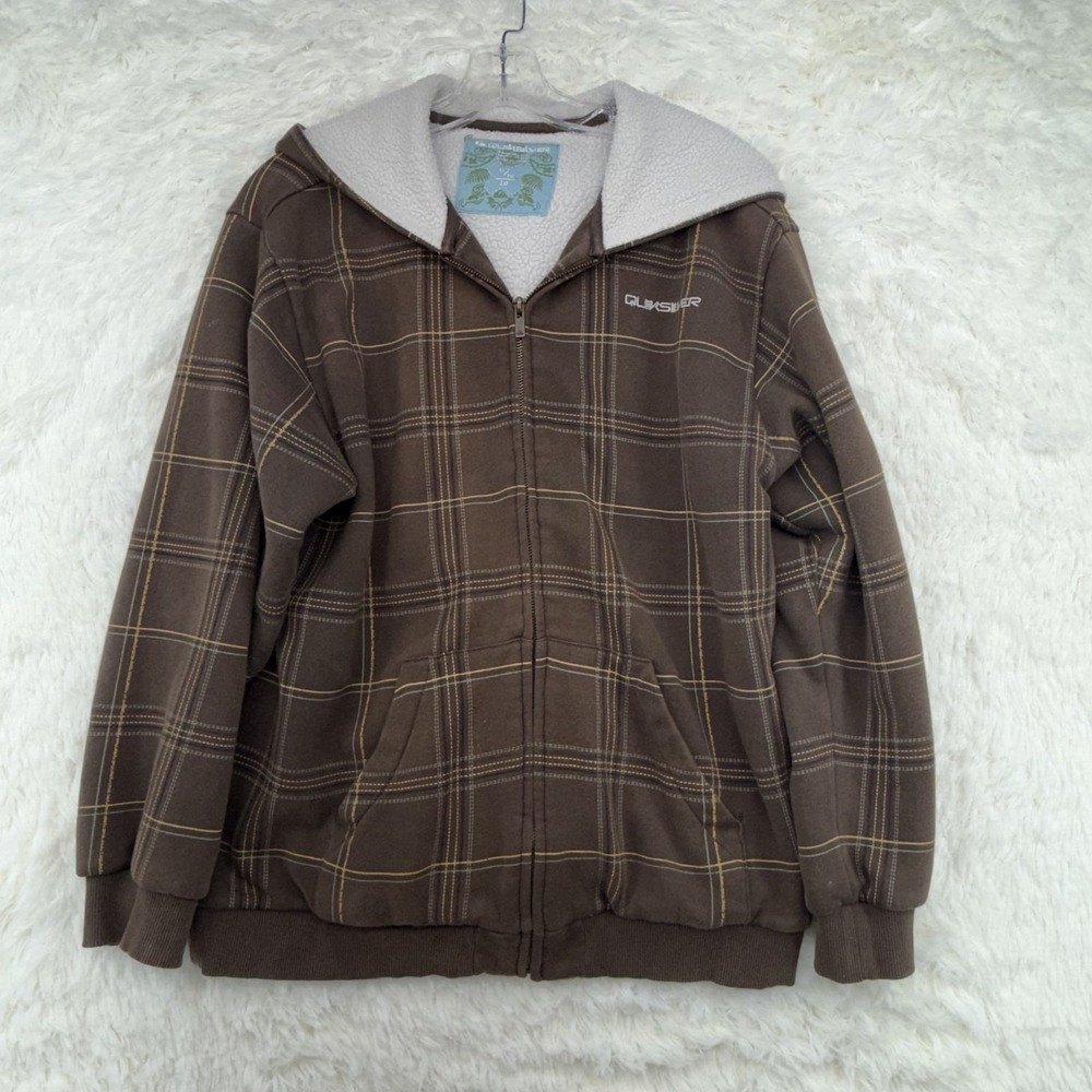 Vintage Quiksilver Jacket Boys XL Brown Plaid Hooded Full Zip Sherpa Lined